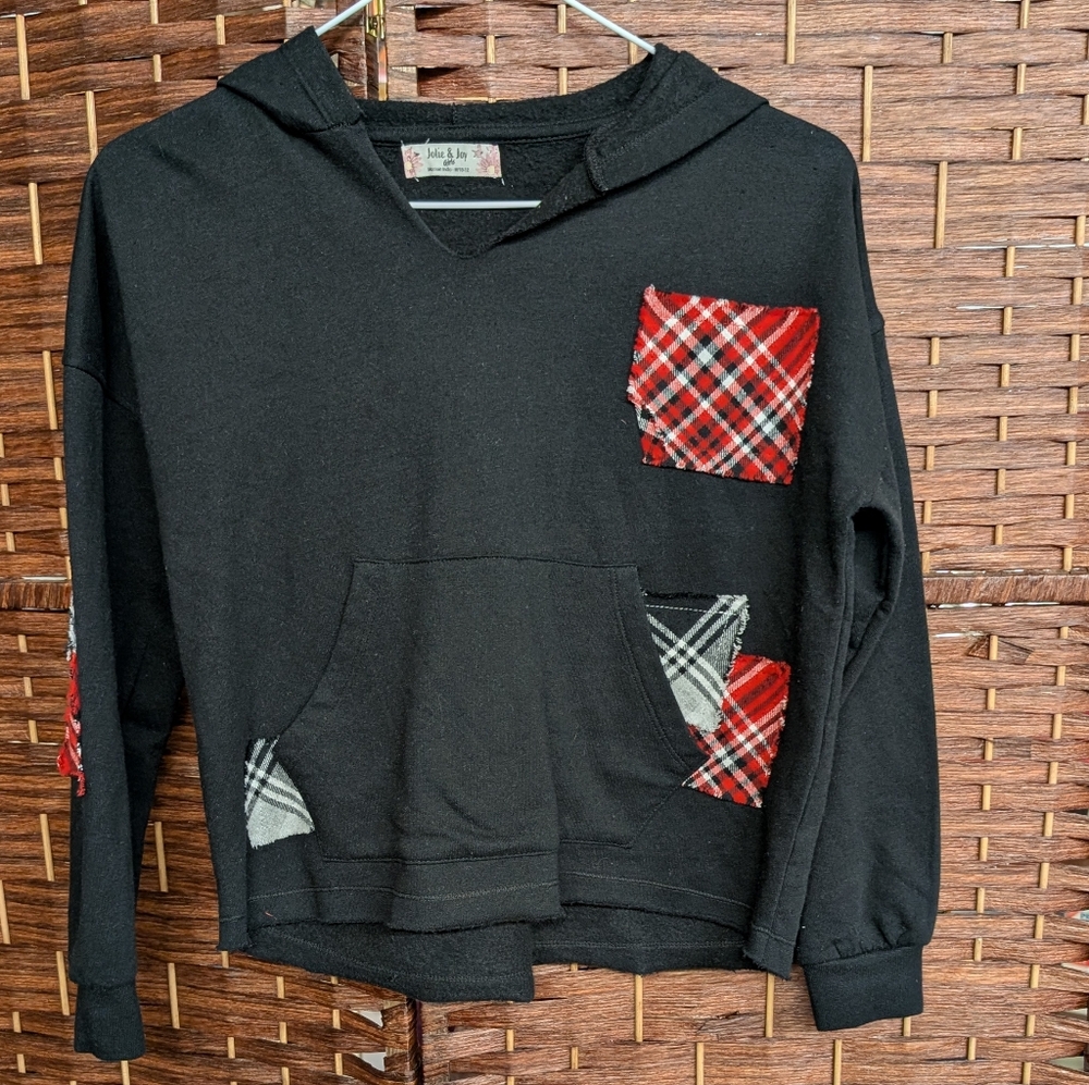 Black Hoodie with Red and Plaid Accents